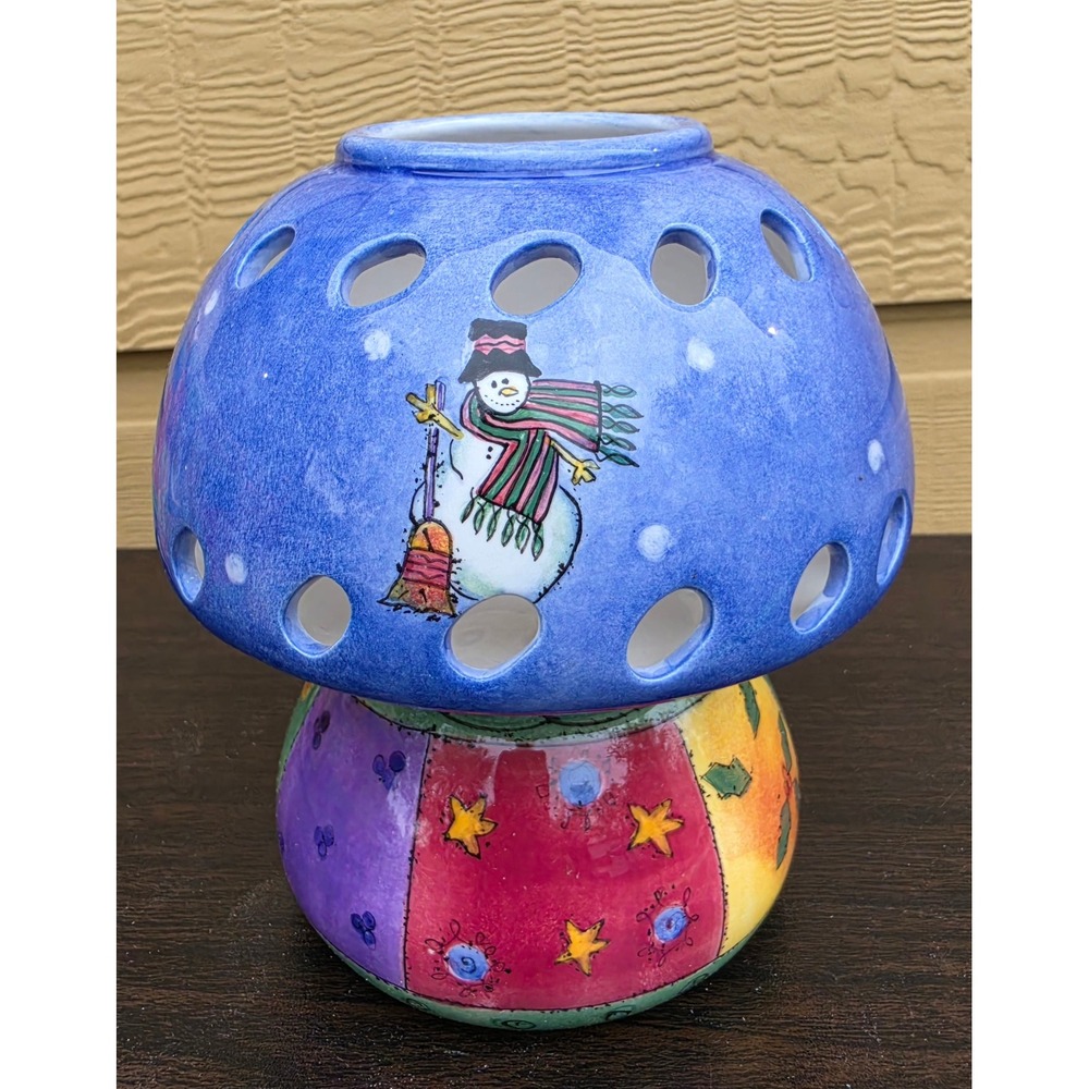 Sango Sweet Shoppe Christmas Sue Zipkin Snowman Ceramic Candle Warmer 2pc Set